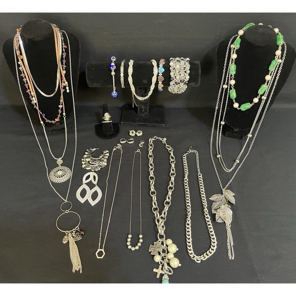 Vintage To Now Lot Of Silvertone Jewelry Necklace Bracelet Earrings Rings